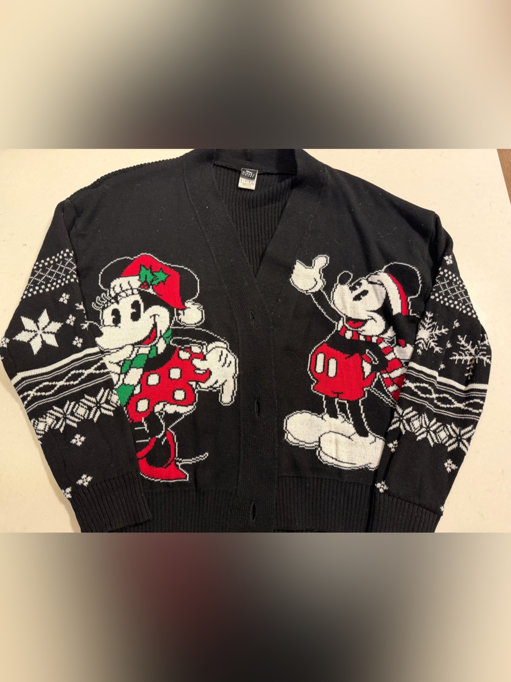 Disney Black Mickey & Minnie Holiday Cardigan Sweater - Size S Brand New